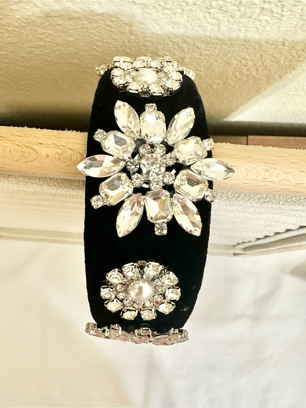 Chunky Handmade Crystal Embellished Black Velvet Headband - Designer Style
